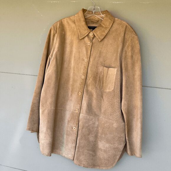 VTG Révue Genuine Suede Shacket Shirt Jacket Tan Button Front L/XL Soft Leather - Picture 1 of 11